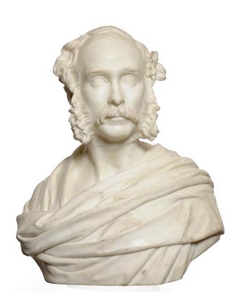 Bust of a gentleman, with curly hair, walrus moustache and sideburns, turning to sinister, with classical wrap by 
																	John Adams-Acton