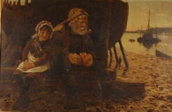 A Mine of Memories, an elderly fisherman and a young girl, seated by a fishing boast, water beyond by 
																	Buckley Ousey