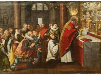 Saint Louis de Gonzague recevant la première communion de Saint Charles Borromée by 
																	Juan Sanchez Cotan