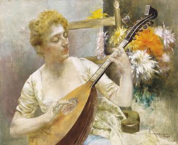 Parisian Woman with Mandolin, Flowers in the Background by 
																	Bertalan de Karlovsky
