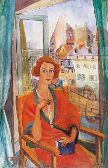 Lady with Pearl Necklace Sitting at the Window by 
																	Sigismond Antoine de Walleshausen-Cseleny