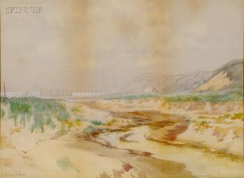 Beach view with winding stream by 
																	Ambrose Prichard