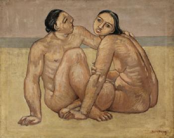 Two nudes on the beach by 
																	Justin Pieris Daraniyagala