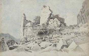 Ruine in felsiger Landschaft. by 
																	Joseph Haecke