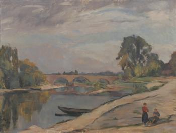 Rheinlandschaft mit Brücke. by 
																	Willi Egler
