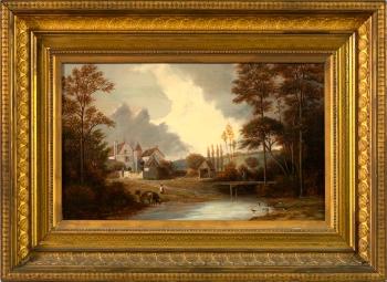 Cottage landscape with villagers and livestock near stream by 
																	Philippe Regis de Trobriand