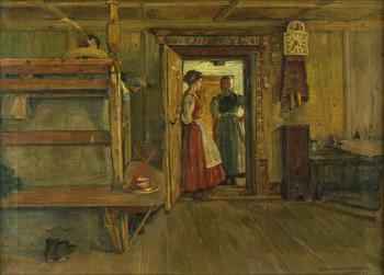 Tiroler Bauernstube mit zwei Bauerinnen im Gesprach by 
																	Hermann von Radzig-Radzyk