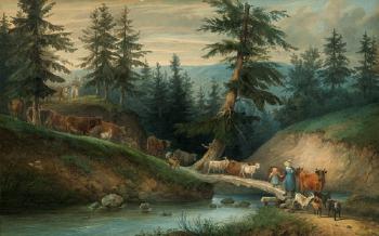 Hirtin mit Kind und ihrer Herd, einen Bergbach uber einem Steg uberquerend by 
																	Friedrich Joseph Ehemant