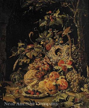 Autumn still life of melons, grapes and bird nest by 
																			Johann Baptist Halszel