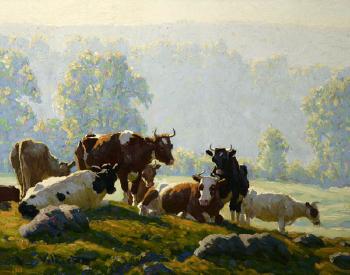 Brilliant Morning, cows in a sunlit pasture by 
																			Edward Charles Volkert