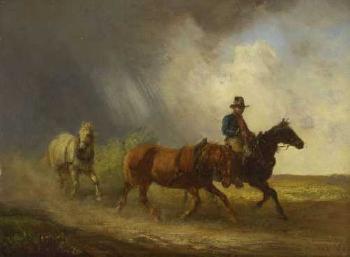 Postreiter mit Pferden bei aufziehendem Gewitter by 
																	Alois Bach