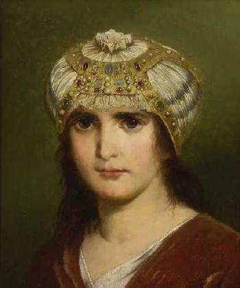 Bildnis einer jungen Frau mit reich geschmückter Kopfbedeckung by 
																	Max Ebersberger