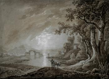 Flußlandschaft bei Mondschein mit Ruinen eines Schlosses und einer Brücke by 
																	Franz Jaschke