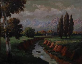 A landscape scene with river and distant mountains by 
																	Gino Fasciotti