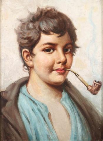 Young boy smoking pipe by 
																	 Vally
