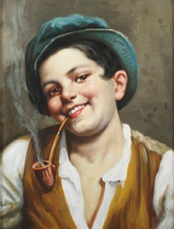 Young boy in blue cap smoking pipe by 
																	 Vally