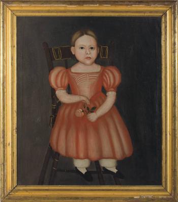 Portrait of a seated child in a pink dress by 
																	 New England School