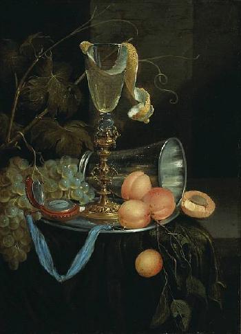 A still life with apricots, grapes, a wine glass and a watch by 
																	Jan Onghers