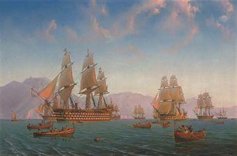The British Mediterranean Fleet exercising off the Amalfi coast at sunset, with local fishermen at work nearby by 
																			Julius Prommel