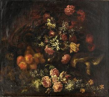 Peaches and pears with roses, jasmine, carnations and other flowers on a ledge beside a dove by 
																	Giuseppe Vincenzina