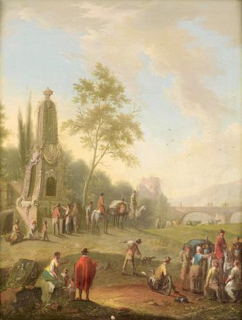 Horsemen at a fountain with other figures resting beside ruins. Horsemen resting in a landscape with a bridge beyond by 
																	 N C M