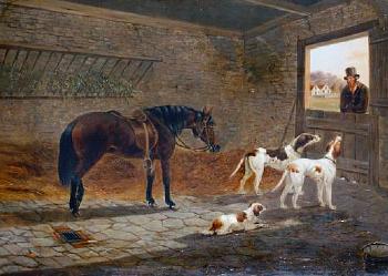 A horse and three dogs in a stable interior by 
																	B Dayrell