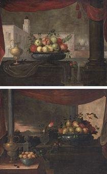Pomegranates, quince and apples in a pewter tureen, on a partly-draped ledge with a gold ewer and flowers, at a balustrade with a draped column, ...; and Pears, grapes and apples in a pewter tureen, on a , on a plinth with plums, a silver platter... by 
																	Pedro de Camprobin