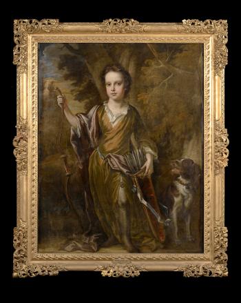 Portrait of David Papillon (1691-1762), standing full-length, holding a bow and quiver, a spaniel at his side by 
																			Johann Baptist Closterman