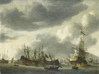 Dutch shipping at anchor in a calm by 
																	Reinier Nooms