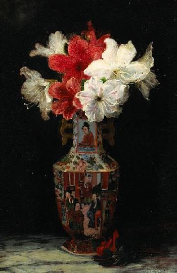 A still life of flowers in an Cantonese enamelled vase by 
																	Marmaduke A Langdale