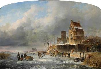 A frozen river scene with figures skating by 
																	Josefus Gerardus Hans