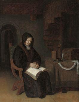 An old woman reading in an interior by 
																	Abraham de Pape