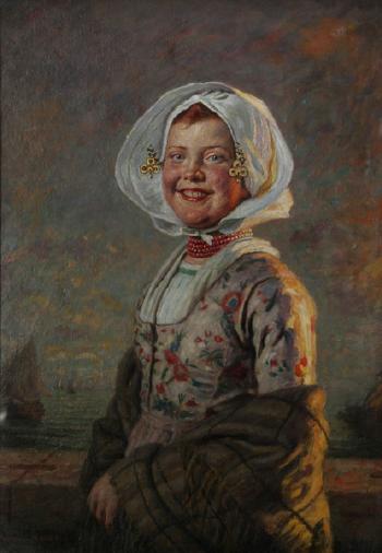 Vor einer Brüstung stehendes, lachendes holländisches Mädchen by 
																	Herman Knopf