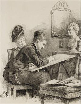 Deux femmes assises dessinant by 
																	Gabriel von Hackl