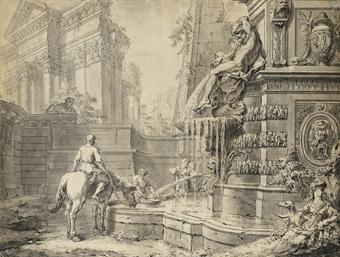 Caprice architectural avec un cavalier abreuvant son cheval à une fontaine by 
																	Gilles Oppenort