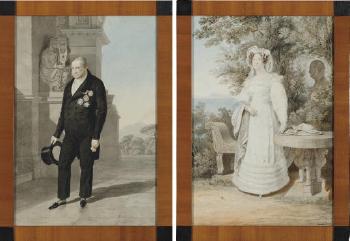 Portrait of Francesco I, King of the Two Sicilies, small full-length, by a monument; and Portrait of his wife Isabella, small full-length, in an ivory dress, in a wooded garden by 
																			Alexandre Pavlovich Bruloff