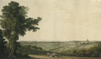 An extensive panorama of Rome from the gardens of the Villa Mellini on Monte Mario by 
																			Giovanni Battista Lusieri