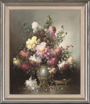 Assorted camelias in a vase by 
																	Bela Balogh