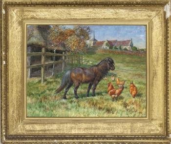 A pony and chickens in a paddock with a church beyond by 
																	Edmund Caldwell