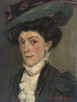 Portrait of a Lady, bust-length, in a plumed hat by 
																	Konrad von Kardorff