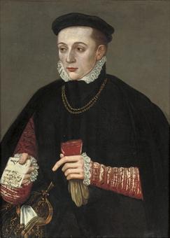 Portrait of a gentleman, three-quarter-length, in a black cloak, a red doublet with slashed sleeves, and a black cap, gloves in his left hand, a letter in his right by 
																	Hans Eworth