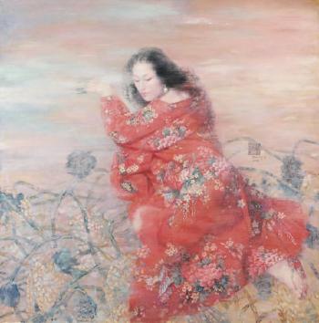 Femme au kimono rouge fleuri by 
																	 Wang Junying