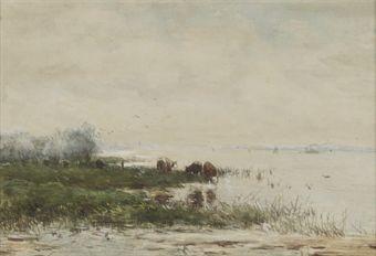 River landscape with cattle by 
																	Jan Vrolyk