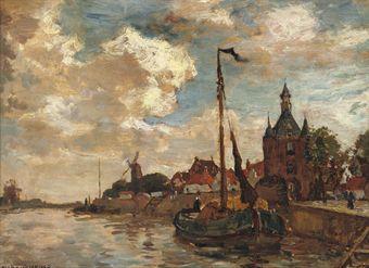 The harbour of Hoorn with the Hoofdtoren by 
																	Carel Bernardus Dankmeyer