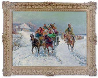 Merry musicians in a winter landscape by 
																	Gustave Prusha