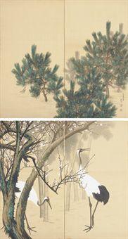 Pines; Cranes, bamboo and plum by 
																	Tamon Yamauchi