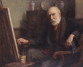 Portrait of the late Phillip Homan Miller ARHA (d.1928), seated at his easel by 
																	Frederick C Mulock