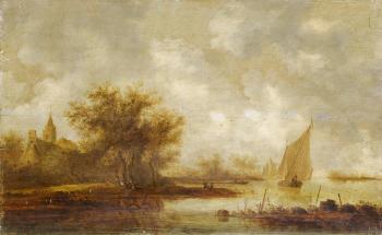 An extensive landscape with boats approaching the shore and travellers on a path to a village inn by 
																	Reinier van der Laeck