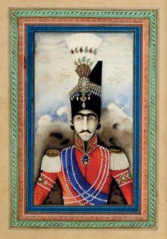 Portrait of Nasir Al-Din Shah (1831-1896), small-bust-length, before clouds and within an ornamental border by 
																	Muhsin Fashi