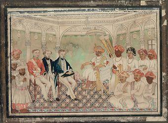 Maharajah Krishnaraja Wodiyar III of Mysore (1794-1868) in court with Lewin Bentham Bowring (1824-1910) and other members of the East India Company's political service by 
																	 Mysore Artist